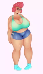 Size: 1148x1952 | Tagged: artist:sundown, big breasts, blue bra, bra, breasts, busty posey shy, chubby, cleavage, clothes, derpibooru import, female, glasses, huge breasts, human, humanized, impossibly large breasts, midriff, milf, pink background, plump, posey shy, shoes, shorts, simple background, sneakers, solo, solo female, sports bra, sports shorts, suggestive, sweat, thunder thighs, underwear