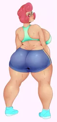 Size: 881x1888 | Tagged: artist:sundown, ass, big breasts, blue bra, bra, breasts, busty posey shy, chubby, clothes, derpibooru import, female, glasses, huge breasts, human, humanized, large butt, looking back, milf, mrs. buttshy, pink background, plump, posey shy, rearboob, rear view, shoes, shorts, simple background, sneakers, solo, solo female, sports bra, sports shorts, suggestive, sweat, thick, underwear, vacuum sealed clothing