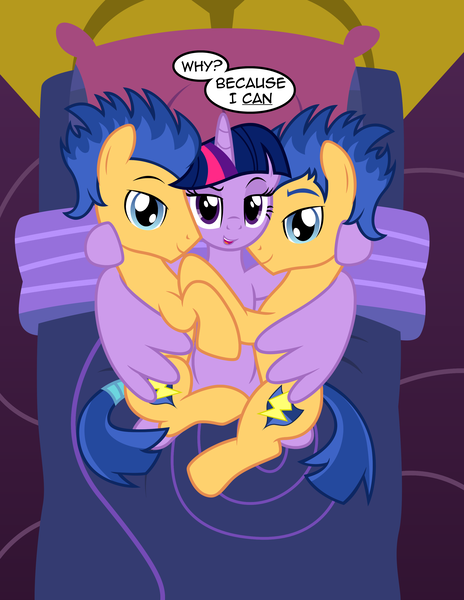 Size: 2550x3300 | Tagged: safe, artist:badumsquish, derpibooru import, flash sentry, twilight sparkle, twilight sparkle (alicorn), ponified, alicorn, pegasus, pony, equestria girls, bed, cuddling, dreamworks face, duality, equestria girls ponified, female, flashlight, harem, hug, human flash sentry, like a boss, looking at you, male, on back, raised eyebrow, reverse harem, self ponidox, shipping, show accurate, side, smug, straight, talking to viewer, trio, twilight sparkle gets all the stallions, winghug