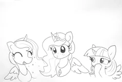 Size: 1898x1278 | Tagged: safe, artist:tjpones, derpibooru import, princess celestia, princess luna, twilight sparkle, twilight sparkle (alicorn), alicorn, pony, black and white, drink, drinking, drinking straw, eyes closed, female, freckles, grayscale, jewelry, laughing, lineart, mare, monochrome, necklace, open mouth, simple background, traditional art, trio, white background