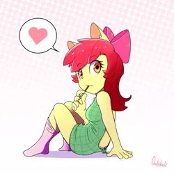 Size: 900x900 | Tagged: safe, artist:0ndshok, derpibooru import, apple bloom, anthro, earth pony, abstract background, adorabloom, backless, buttcrack, clothes, cute, ear fluff, eating, female, food, heart, looking at you, looking back, looking back at you, no nose, open-back sweater, pictogram, pocky, sleeveless sweater, socks, solo, sweater, virgin killer sweater