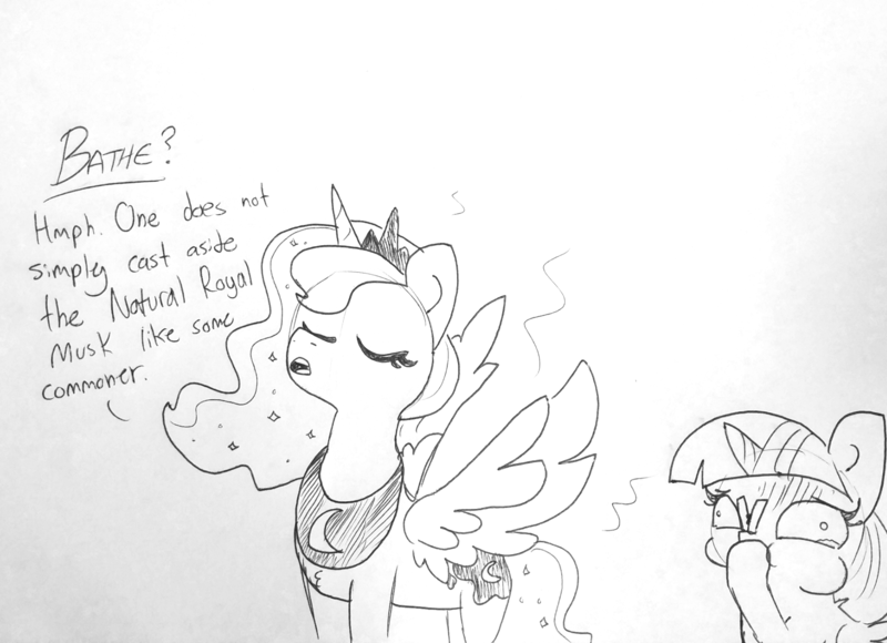 Size: 1658x1203 | Tagged: safe, artist:tjpones, derpibooru import, princess luna, twilight sparkle, twilight sparkle (alicorn), alicorn, black and white, body odor, eyes closed, grayscale, lineart, monochrome, smelly, stink lines, traditional art