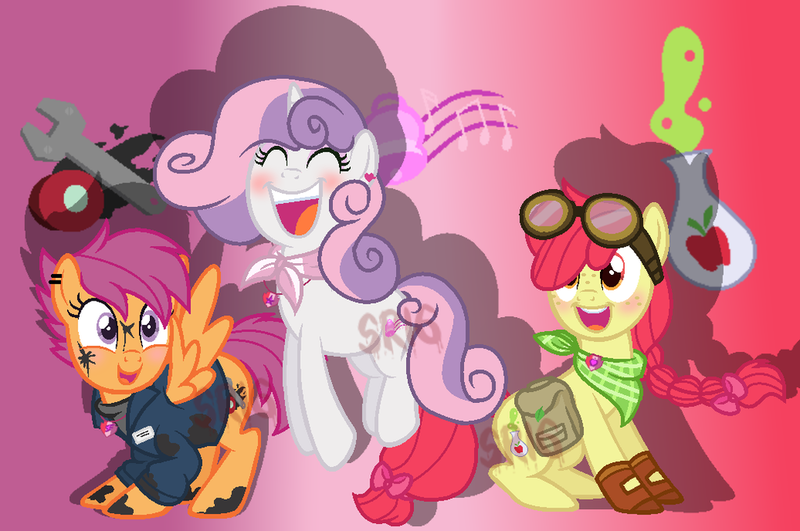 Size: 1024x680 | Tagged: safe, artist:superrosey16, derpibooru import, apple bloom, scootaloo, sweetie belle, pony, alternate cutie mark, base used, clothes, cutie mark crusaders, happy, older