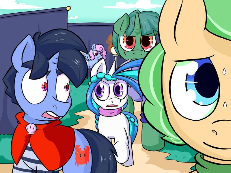 Size: 1280x960 | Tagged: safe, artist:zanezandell, derpibooru import, oc, oc:krabby, oc:truffle mint, oc:vanilla snow, unofficial characters only, earth pony, pony, unicorn, comic:cmcnext, angry, cape, clothes, cmcnext, colt, female, filly, guard, magical lesbian spawn, male, nervous, offspring, parent:bon bon, parent:lyra heartstrings, parent:princess cadance, parent:shining armor, parents:lyrabon, parents:shiningcadance, princess, scarf, shirt, story included, sweat