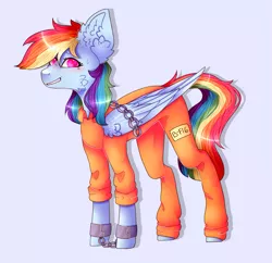 Size: 1147x1111 | Tagged: artist:foxlove253, awkward smile, b-f16, bound wings, chains, clothes, colored background, cuffs, derpibooru import, grin, nervous, nervous grin, never doubt rainbowdash69's involvement, prisoner rd, prison outfit, rainbow dash, safe, shackles, smiling, solo