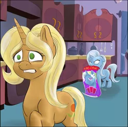 Size: 3300x3291 | Tagged: angry, artist:firimil, derpibooru import, female, filly, filly trixie, jack pot, jacktacle, kitchen, poster, safe, sunflower spectacle, trixie, worry, younger