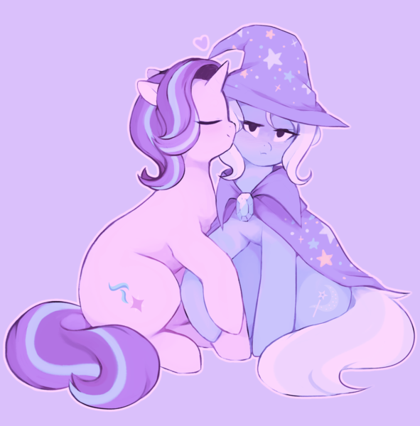 Size: 1641x1665 | Tagged: safe, artist:serafelis, derpibooru import, starlight glimmer, trixie, pony, unicorn, no second prances, backwards cutie mark, cape, clothes, female, hat, heart, kissing, lesbian, mare, nuzzling, shipping, simple background, startrix, trixie's cape, trixie's hat