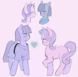 Size: 1695x1680 | Tagged: safe, artist:serafelis, derpibooru import, maud pie, starlight glimmer, earth pony, pony, unicorn, blushing, clothes, duo, female, glowing horn, heart, heart shaped, lesbian, magic, mare, missing cutie mark, rock, shipping, simple background, smiling, starmaud, telekinesis