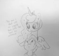 Size: 1468x1385 | Tagged: safe, artist:tjpones, derpibooru import, princess luna, alicorn, pony, dialogue, female, grayscale, lineart, male, mare, monochrome, royal guard, sketch, stallion, subtle as a train wreck, this will not end well, traditional art