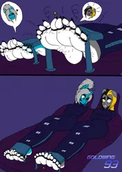 Size: 905x1280 | Tagged: suggestive, artist:goldwing93, derpibooru import, oc, oc:magna, oc:samantha, anthro, plantigrade anthro, ;p, barefoot, bondage, breasts, feet, feet tied, fetish, foot fetish, high arches, latex, latex suit, mummyjacket, one eye closed, toe tied, toes, tongue out, torture, wink