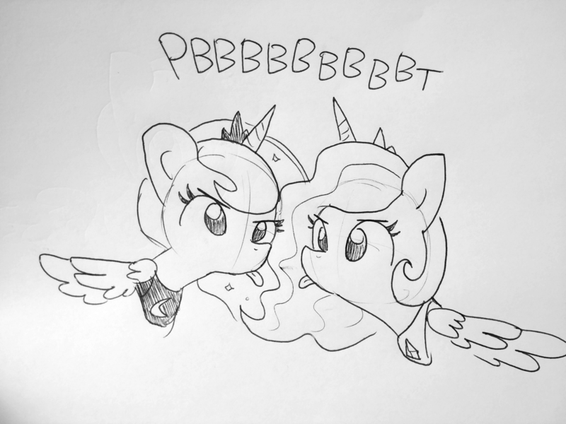 Size: 1920x1440 | Tagged: safe, artist:tjpones, derpibooru import, princess celestia, princess luna, alicorn, pony, duo, female, lineart, majestic as fuck, mare, monochrome, onomatopoeia, raspberry, raspberry noise, royal sisters, sillestia, silluna, silly, simple background, sisters, sketch, tongue out, traditional art