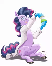 Size: 1100x1374 | Tagged: safe, artist:baron engel, derpibooru import, pinkie pie, twilight sparkle, earth pony, pony, :p, chemistry, clothes, cutie mark swap, disguise, female, flask, fusion, glasses, gloves, hoof gloves, image, jpeg, lab coat, mare, palette swap, recolor, rubber gloves, safety goggles, science, simple background, solo, this will end in science, this will not end well, tongue out, traditional art