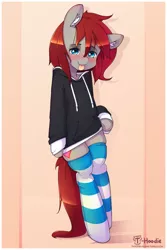 Size: 800x1200 | Tagged: safe, artist:apony, derpibooru import, oc, oc:ponepony, unofficial characters only, semi-anthro, bedroom eyes, bipedal, blushing, bottomless, clothes, hoodie, leaning, partial nudity, socks, solo, striped socks, thigh highs, tongue out