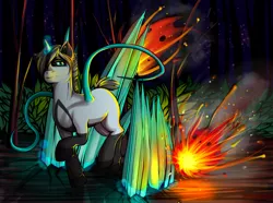 Size: 2222x1653 | Tagged: safe, artist:leastways, derpibooru import, oc, oc:iso, unofficial characters only, unicorn, fight, forest, ice magic, magic, solo