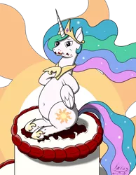 Size: 2552x3288 | Tagged: safe, artist:dashiesparkle, artist:xyrrus, derpibooru import, princess celestia, alicorn, pony, cake, cakelestia, chubby, female, food, mare, simple background, solo, sun, transparent background