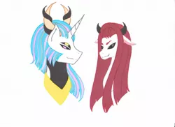 Size: 1750x1275 | Tagged: artist:ocean-drop, brother and sister, bust, derpibooru import, duo, female, horns, interdimensional siblings, interspecies offspring, male, monster mare, multiple eyes, muttonchops, oc, oc:daemon, oc:princess nebula, offspring, parent:lord tirek, parent:princess celestia, parents:celestirek, safe