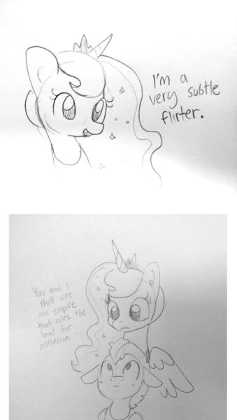 Size: 1595x2825 | Tagged: safe, artist:tjpones, derpibooru import, princess luna, alicorn, pony, blatant lies, bust, comic, dialogue, duo, female, flirting, grayscale, guardluna, lineart, male, mare, monochrome, royal guard, sketch, stallion, subtle as a train wreck, this will not end well, traditional art