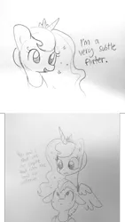 Size: 1595x2825 | Tagged: safe, artist:tjpones, derpibooru import, princess luna, alicorn, pony, blatant lies, bust, comic, dialogue, duo, female, flirting, grayscale, guardluna, lineart, male, mare, monochrome, royal guard, sketch, stallion, subtle as a train wreck, this will not end well, traditional art