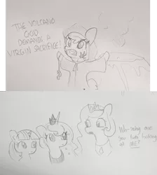 Size: 1847x2059 | Tagged: safe, artist:tjpones, derpibooru import, princess celestia, princess luna, twilight sparkle, alicorn, earth pony, pony, bipedal, bust, comic, dialogue, female, grayscale, lineart, mare, monochrome, royal sisters, sacrifice, shaman, this will end in tears and/or death, traditional art, volcano