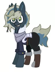 Size: 1386x1811 | Tagged: safe, artist:thundercrash, derpibooru import, oc, unofficial characters only, pony, unicorn, armor, boots, clothes, curved horn, female, mare, shoes, solo