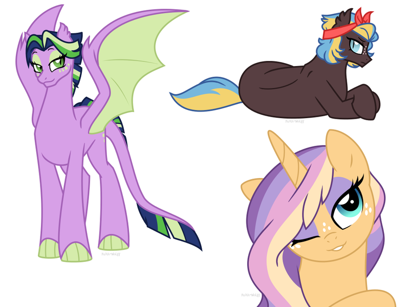 Size: 1051x795 | Tagged: safe, artist:faith-wolff, derpibooru import, oc, oc:jade, oc:magnolia may, oc:stellaluna, unofficial characters only, dracony, earth pony, hybrid, pony, unicorn, bandana, female, freckles, interspecies offspring, magical lesbian spawn, mare, offspring, offspring's offspring, one eye closed, parent:applejack, parent:oc:golden delicious, parent:oc:princess nidra, parent:rarity, parent:spike, parent:twilight sparkle, parents:oc x oc, parents:rarijack, parents:twispike, simple background, slit eyes, white background, wink