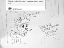 Size: 1920x1440 | Tagged: suggestive, artist:tjpones, derpibooru import, oc, unofficial characters only, pegasus, pony, ask, dialogue, grayscale, hat, implied lesbian, implied princess celestia, implied princess luna, implied princest, implied shipping, lineart, monochrome, offscreen character, paparazzi, platonic kiss, reporter, traditional art, tumblr