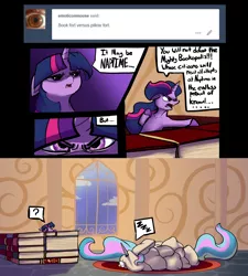 Size: 5194x5764 | Tagged: safe, artist:greyscaleart, derpibooru import, princess celestia, twilight sparkle, alicorn, pony, unicorn, the tiny apprentice, absurd resolution, ask, book, book fort, comic, cute, cutelestia, dialogue, female, filly, filly twilight sparkle, horn impalement, mare, pillow, pillow fort, question mark, sleeping, smol, speech bubble, that pony sure does love books, that pony sure does love pillows, tumblr, twiabetes, unicorn twilight, younger, zzz