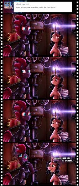 Size: 582x1371 | Tagged: safe, artist:jamescorck, derpibooru import, fizzlepop berrytwist, tempest shadow, oc, oc:movie slate, pony, unicorn, my little pony: the movie, 2001: a space odyssey, blushing, comic, dialogue, duo, emily blunt, female, film projector, film reel, mare, movie poster, movie projector, raiders of the lost ark, sicario, story in the source, tumblr comic, voice actor joke