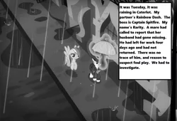 Size: 1056x720 | Tagged: canterlot, clothes, crossover, derpibooru import, dragnet, edit, edited screencap, hat, implied death, implied murder, implied spitfire, joe friday, noir, puddles, rain, rainbow dash, rarity, rarity investigates, safe, screencap, season 5, text, trenchcoat, umbrella, wet mane