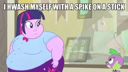 Size: 1080x607 | Tagged: safe, artist:neongothic, derpibooru import, edit, edited edit, edited screencap, screencap, spike, twilight sparkle, twilight sparkle (alicorn), dog, equestria girls, belly, big belly, double chin, fat, fat edit, image macro, meme, morbidly obese, obese, rag on a stick, spike the dog, the simpsons, twilard sparkle