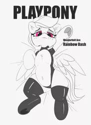 Size: 3439x4693 | Tagged: suggestive, artist:pabbley, derpibooru import, rainbow dash, pegasus, pony, adorasexy, bedroom eyes, belly button, clothes, cute, dashabetes, female, latex, latex socks, mare, monochrome, playboy, playpony, sexy, smiling, socks, solo, solo female, stupid sexy rainbow dash, underhoof