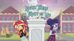 Size: 1920x1080 | Tagged: safe, derpibooru import, official, screencap, sci-twi, sunset shimmer, twilight sparkle, equestria girls, friendship games, canterlot high, cute, music video, right there in front of me, title card, wings