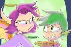 Size: 1214x800 | Tagged: artist:emositecc, clothes, comic, curse cut short, derpibooru import, dialogue, duo, female, horned humanization, human, humanized, male, molt down, safe, smolder, spike, stone scales, winged humanization, wings