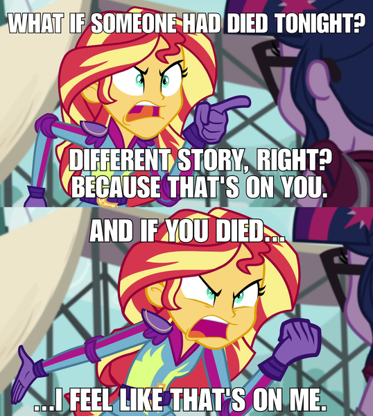 Size: 1920x2141 | Tagged: safe, derpibooru import, edit, edited screencap, screencap, sci-twi, sunset shimmer, twilight sparkle, equestria girls, friendship games, angry, exploitable meme, image macro, meme, peter parker, spider-man: homecoming, sunset yells at twilight, tony stark