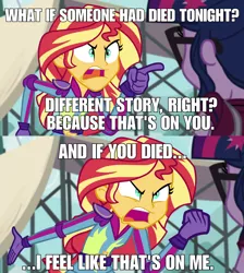 Size: 1920x2141 | Tagged: safe, derpibooru import, edit, edited screencap, screencap, sci-twi, sunset shimmer, twilight sparkle, equestria girls, friendship games, angry, exploitable meme, image macro, meme, peter parker, spider-man: homecoming, sunset yells at twilight, tony stark