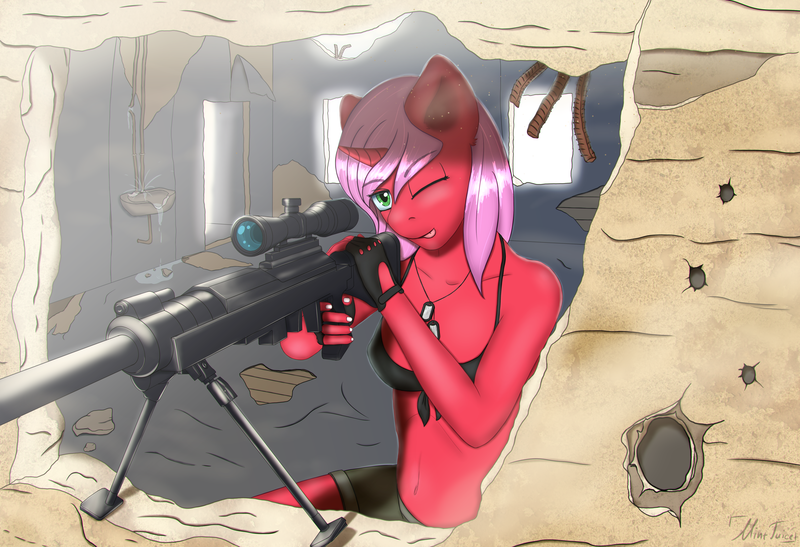 Size: 6000x4100 | Tagged: suggestive, artist:mintjuice, derpibooru import, oc, oc:tallow, unofficial characters only, anthro, unicorn, absurd resolution, aiming, badge, bikini, bikini top, breasts, bullet hole, clothes, destroyed, dog tags, dust, eyes closed, female, gun, horn, military, optical sight, rifle, shooting, shorts, sniper, sniper rifle, solo, solo female, sunny day, swimsuit, tongue out, walls, weapon, window, ych result