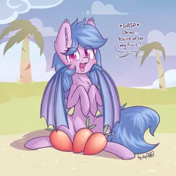 Size: 1840x1840 | Tagged: safe, artist:dsp2003, derpibooru import, oc, oc:fruit hulu, bat pony, pony, bat pony oc, blushing, chest fluff, cloud, commission, cute, cute little fangs, dialogue, dsp2003 is trying to murder us, ear fluff, explicit link, fangs, female, food, fruit, looking at you, mango, mare, open mouth, palm tree, signature, single panel, sitting, tree