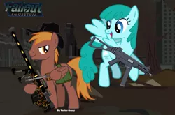 Size: 799x527 | Tagged: safe, derpibooru import, spring melody, sprinkle medley, oc, oc:calamity, pegasus, pony, fallout equestria, fanfic, anti-machine rifle, anti-materiel rifle, assault rifle, battle saddle, cutie mark, dashite, dead tree, fanfic art, female, flying, gun, hat, hooves, male, mare, open mouth, optical sight, rifle, ruins, saddle bag, smiling, sniper rifle, spitfire's thunder, spread wings, stallion, submachinegun, text, tree, ump45, wasteland, weapon, wings