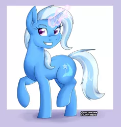 Size: 1024x1081 | Tagged: safe, artist:girlunicorn, artist:kathy-meow, derpibooru import, trixie, pony, unicorn, collaboration, female, grin, looking at you, magic, mare, smiling, solo