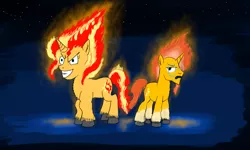 Size: 2000x1200 | Tagged: safe, artist:horsesplease, derpibooru import, sunburst, sunset shimmer, fire pony, unicorn, annoyed, brother and sister, catasterism, constellation, evil grin, female, fiery mane, fiery shimmer, fiery sunburst, fire, glow, grin, headcanon, insanity, little dipper, male, mane of fire, night, paint tool sai, rapidash shimmer, smiling, snapset shimmer, stars, sunny siblings, sunshine shimmer, unamused