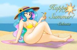 Size: 2000x1294 | Tagged: alcohol, artist:aleximusprime, ass, barefoot, beach, beverage, big breasts, bikini, breasts, busty princess celestia, clothes, derpibooru import, feet, female, glass, hat, human, humanized, large butt, looking at you, margarita, ocean, one eye closed, princess celestia, sand, smiling, solo, solo female, string bikini, suggestive, summer, sun hat, swimsuit, thighs, thong swimsuit, thunder thighs, wink, yellow swimsuit