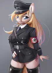 Size: 2526x3573 | Tagged: absolute territory, anthro, armband, artist:aryanne, blackletter, boots, bottomless, breasts, clothes, derpibooru import, female, gray background, hand on hip, hat, iron cross, nazi, nazi armband, nazi uniform, necktie, oc, oc:aryanne, partial nudity, peaked cap, schutzstaffel, shoes, simple background, socks, solo, suggestive, swastika, thigh boots, thigh highs, totenkopf, uniform, unofficial characters only, zettai ryouiki