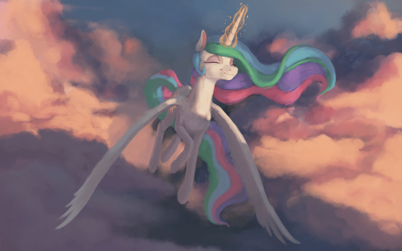 Size: 2304x1440 | Tagged: safe, artist:starblaze25, derpibooru import, princess celestia, alicorn, pony, cloud, eyes closed, female, flying, glowing horn, magic, mare, sky, smiling, solo