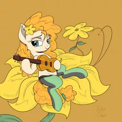 Size: 3000x3000 | Tagged: safe, artist:icey-wicey-1517, artist:katakiuchi4u, color edit, derpibooru import, edit, pear butter, earth pony, pony, acoustic guitar, bedroom eyes, brown background, buttercup, clothes, colored, cute, female, flower, flower in hair, mare, micro, pearabetes, simple background, socks, solo, stockings, thigh highs