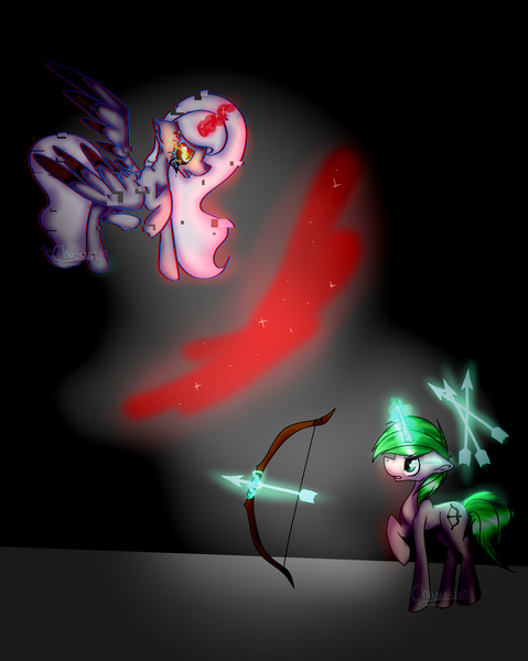 Size: 1200x1503 | Tagged: safe, artist:chazmazda, derpibooru import, oc, oc:charlie gallaxy-starr, unofficial characters only, alicorn, unicorn, alicorn oc, arrow, arrows, bow, bow (weapon), bow and arrow, error, fight, flat color, flying, fullbody, glitch, glow, highlight, horn, magic, magic arrow, oultine, outline, ponysona, shade, shading, weapon, wings