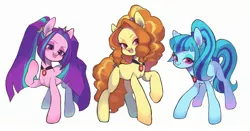 Size: 2838x1491 | Tagged: safe, artist:ikirunosindo, derpibooru import, adagio dazzle, aria blaze, sonata dusk, ponified, earth pony, pony, female, gem, looking at you, mare, simple background, siren gem, the dazzlings, trio, trio female, white background