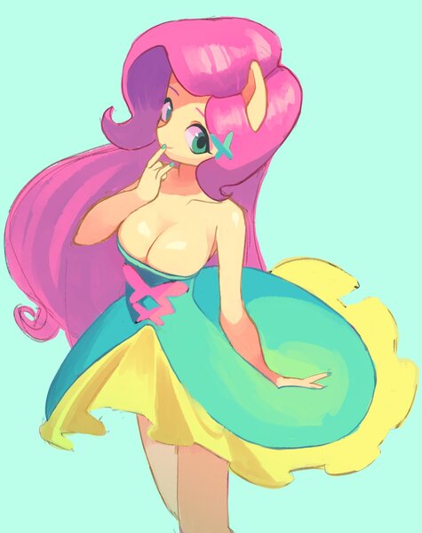 Size: 1764x2229 | Tagged: suggestive, artist:ikirunosindo, derpibooru import, fluttershy, equestria girls, adorasexy, big breasts, breasts, busty fluttershy, cleavage, clothes, cute, daaaaaaaaaaaw, devil horn (gesture), dress, female, long hair, looking at you, ponied up, pony ears, sexy, shyabetes, simple background, smiling, solo, solo female