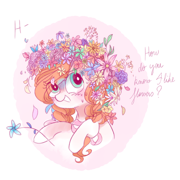 Size: 5000x5000 | Tagged: safe, artist:pinkablue, derpibooru import, oc, oc:flowering, unofficial characters only, earth pony, pony, absurd resolution, blushing, bust, cute, dialogue, female, flower, flower in hair, hoof hold, mare