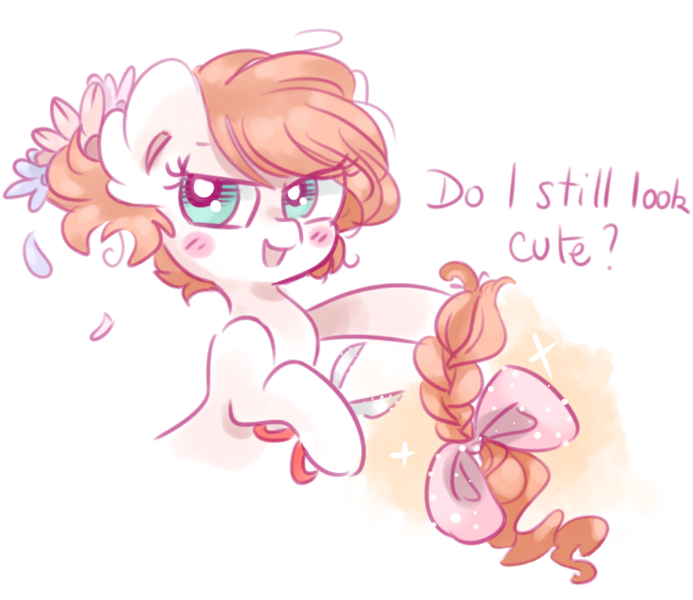 Size: 1000x866 | Tagged: safe, artist:pinkablue, derpibooru import, oc, oc:flowering, unofficial characters only, earth pony, pony, alternate hairstyle, blushing, bow, braid, bust, description is relevant, dialogue, ear fluff, female, flower, flower in hair, hair bow, haircut, hoof hold, i'm not cute, looking at you, mare, scissors, short hair