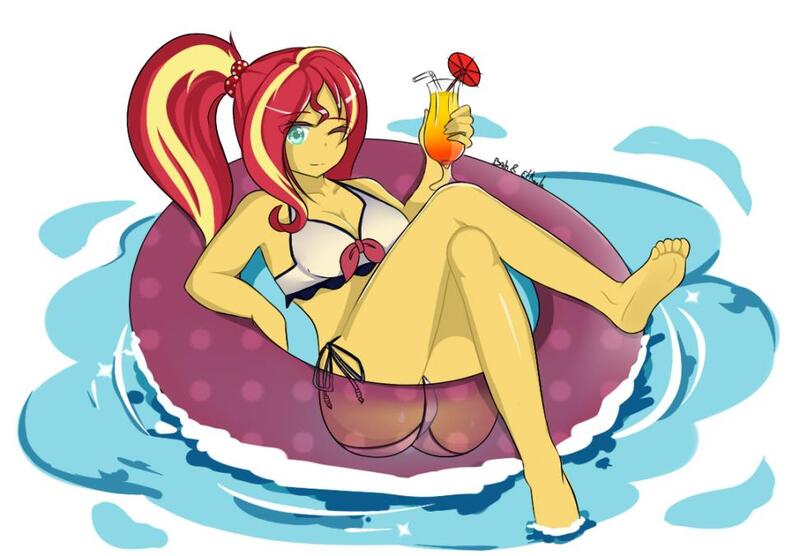 Size: 973x676 | Tagged: suggestive, artist:cdv, derpibooru import, sunset shimmer, human, equestria girls, bikini, breasts, clothes, cocktail umbrella, drink, feet, humanized, inner tube, summer, swimsuit, water